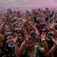Devotees are showered with flower petals during the Holi celebrations in Mathura.